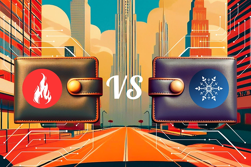 Dos billeteras; una que simboliza billeteras de criptomonedas calientes versus otra que simboliza billeteras de criptomonedas frías. De fondo una ciudad futurista.