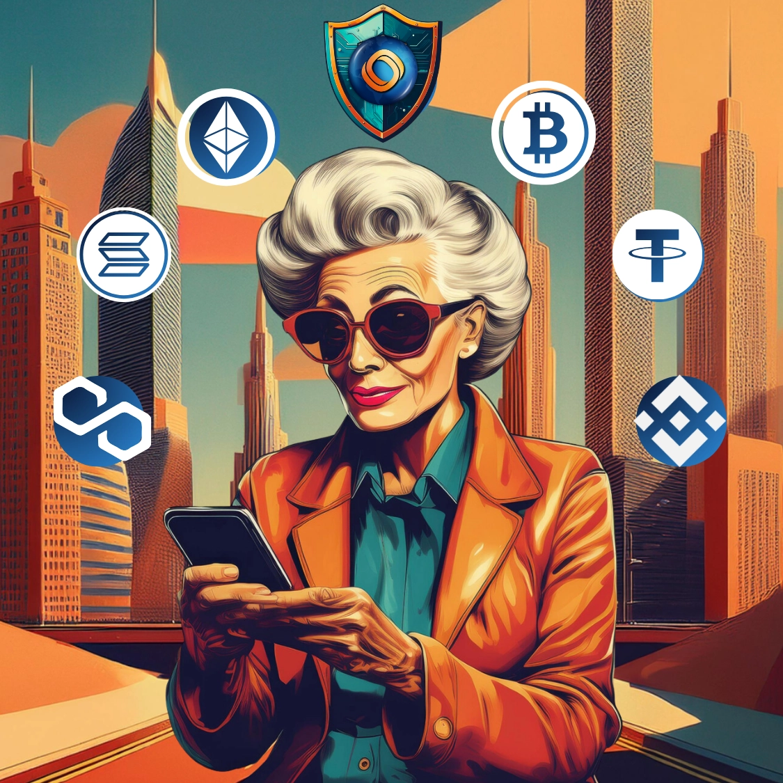 Señora adulto mayor soteniiendo su teléfono celular. De fonfo una ciudad futurista. Está rodeada de iconos de criptomonedas y arriba un escudo con el isotipo de Mundo.