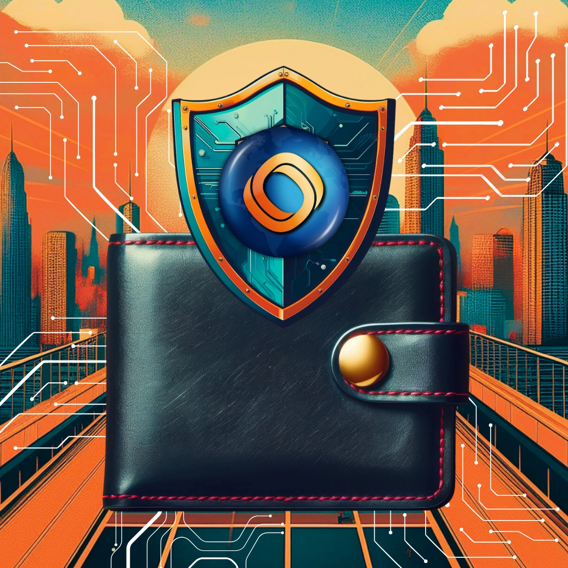 Billetera con un escudo con el isotipo de Mundo. Líneas de chips salen de la billetera. De fondo una ciudad futurista.