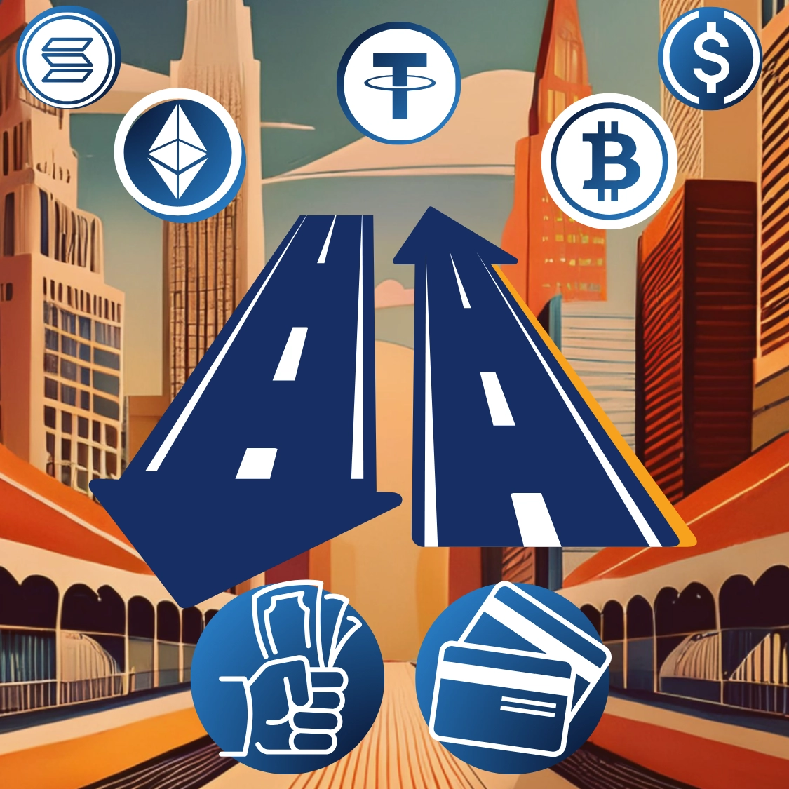 Arriba Iconos de criptomonedas, al medio dos flechas hacia arriba y hacia abajo, con línes de carretera dentro. Abajo iconos de dinero y tarjetas de crédito.