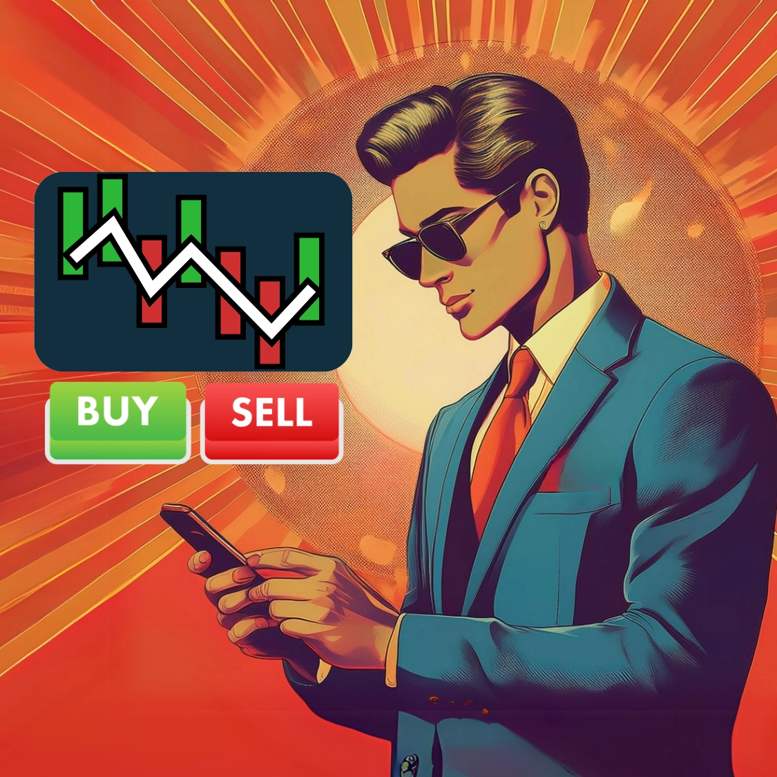 Hombre viendo su teléfono celular, al lado gráficas y botones de compra y venta.