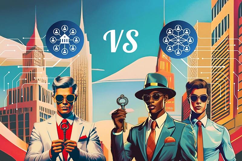 Tres hombres sosteniendo llaves. Sobre ellos iconos que simbolizan Sistema de Criptomonedas Centralizado versus Sistema de Criptomonedas Descentralizado. De fondo una ciudad futurista.