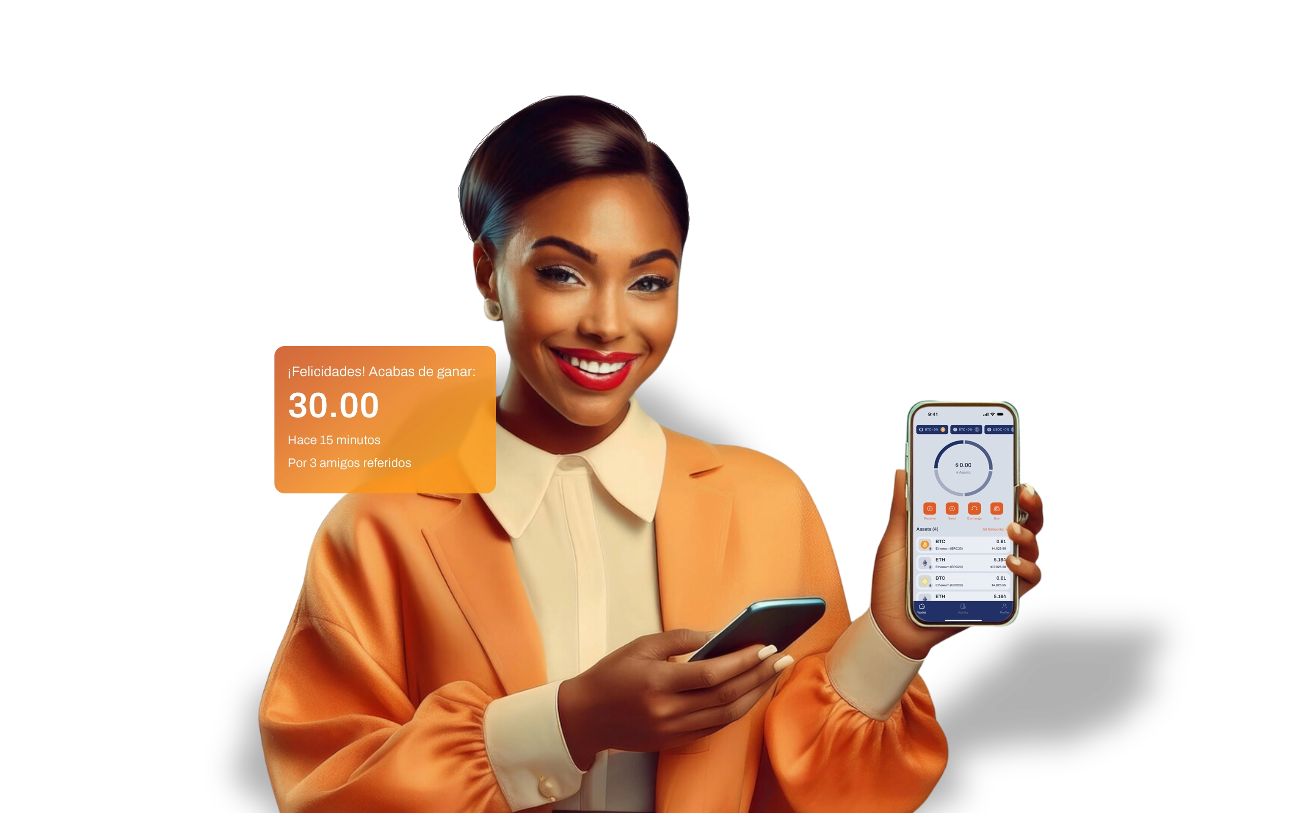 Mujer afroamericana mostrando su teléfono celular con la aplicación de Mundo abierta. Además, un cuadro que muestra una notificación del Programa de Referidos.