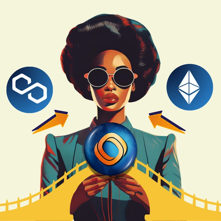 Mujer afroamericana sosteniendo el isotipo de Mundo y debajo un puente. a los costados de la mujer 2 iconos de criptomonedas. La imagen alude a Mundo como puente entre Blockchains (Cadenas de Bloques del entorno de Criptomonedas)