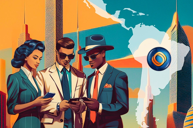 Personas sosteniendo sus teléfonos celulares. De fondo una ciudad futurista con la silueta de sudamérica y el isotipo de Mundo al centro. Sugiere que los países latinos deben actualizar sus sistemas financieros.