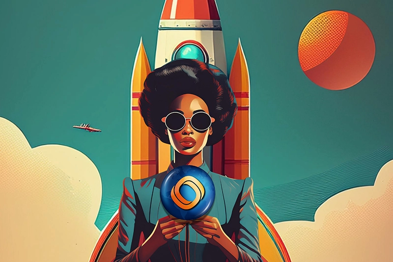 Mujer afroamericana sostiene el isotipo de Mundo, detrás de ella hay un cohete. La imagen simboliza el futuro digital que Mundo te ofrece.