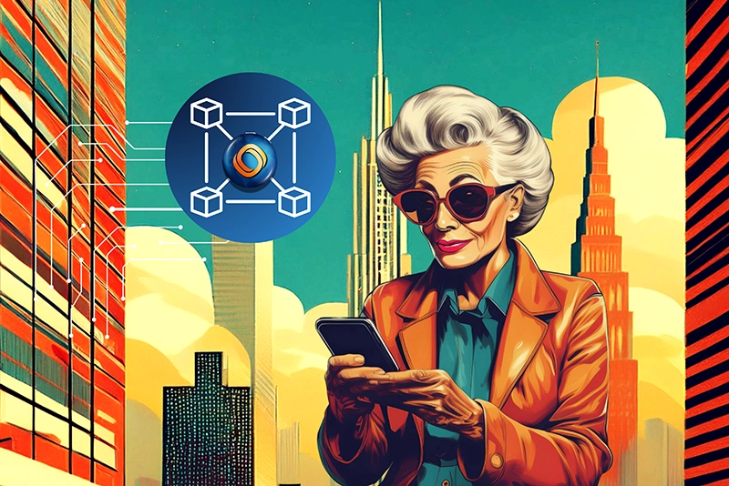 Señora adulto mayor soteniiendo su teléfono celular. De fonfo una ciudad futurista. A su lado una gráfica que simboliza los Blockchain (Cadena de Bloques) del entorno de criptomonedas.