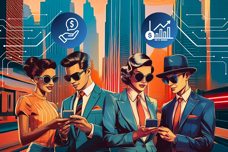 Personas, varones y mujeres viendo sus teléfonos móviles, de fondo una ciudad y sobre ellos iconos de gráficas económicas. La imagen alude a las finanzas digitales y sus ventajas.