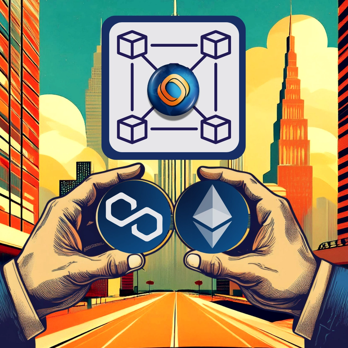 Dos manos, cada una sosteniendo monedas con isotipos de criptomonedas. arriba un cuadro con icono de Blockchains con el isotipo de Mundo al centro.
