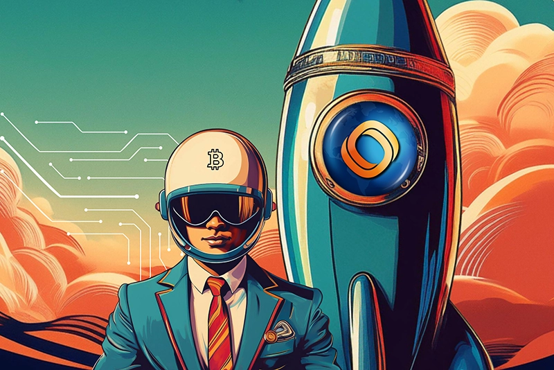 Hombre con un casco con el logo de Bitcoin. En el fondo un cohete con el logo de Mundo Wallet, denotando que te impulsa en tus finanzas.