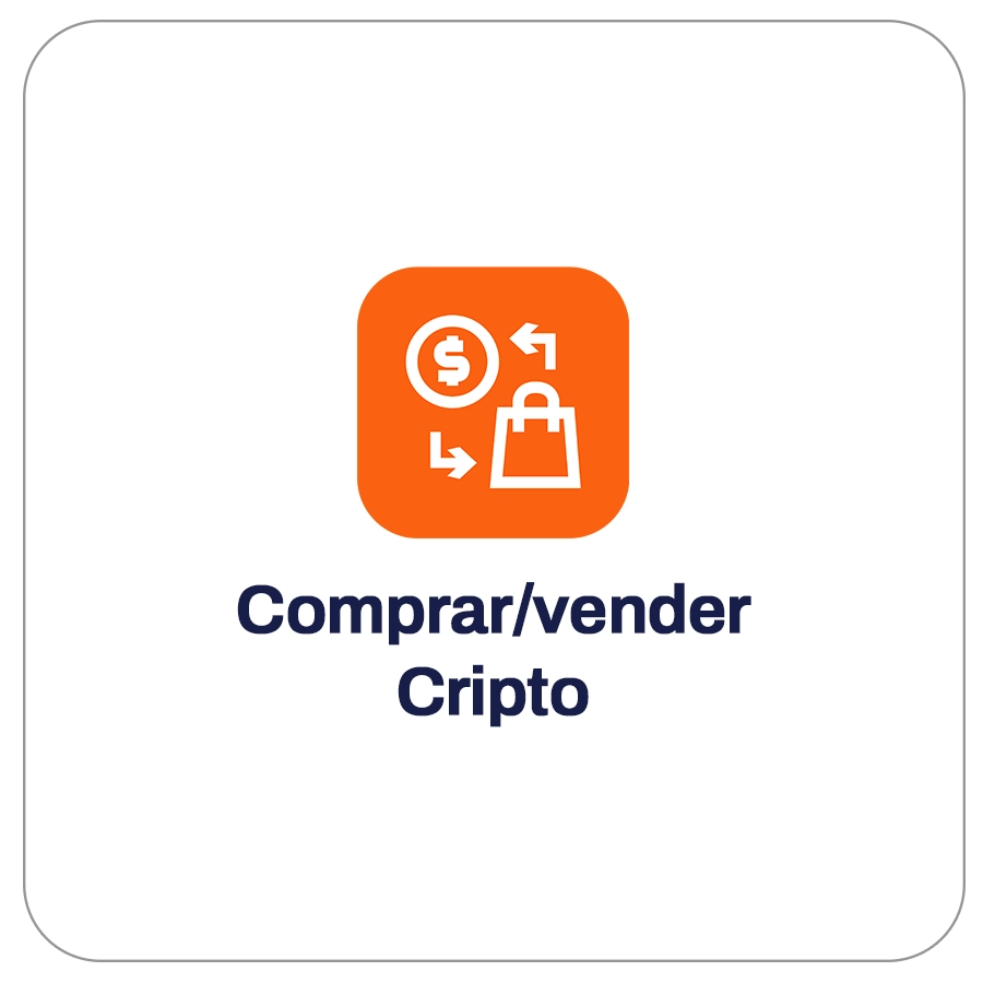 Cuadro con icono de intercambio de bienes, con texto que dice "Comprar / vender Cripto".