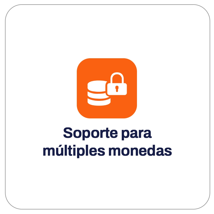 Cuadro con un icono de seguridad de servidores, con texto que dice "Soporte para multiples monedas".