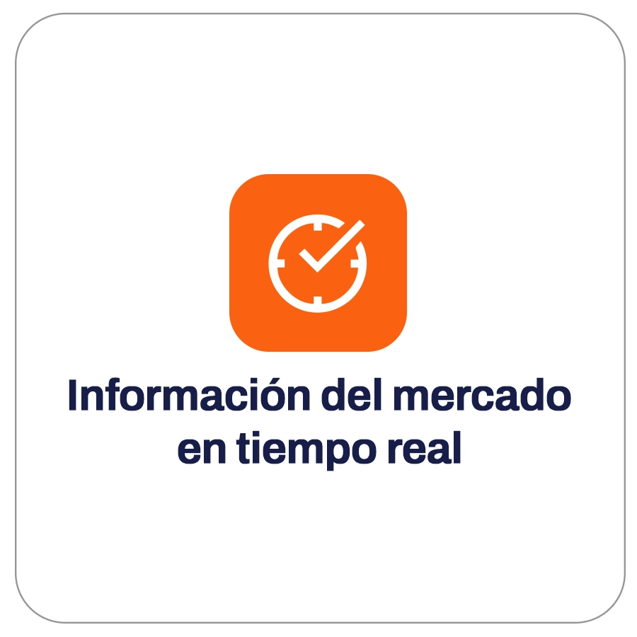 Cuadro con un icono de reloj y símbolo de check. Texto que dice "Información del Mercado en tiempo real".